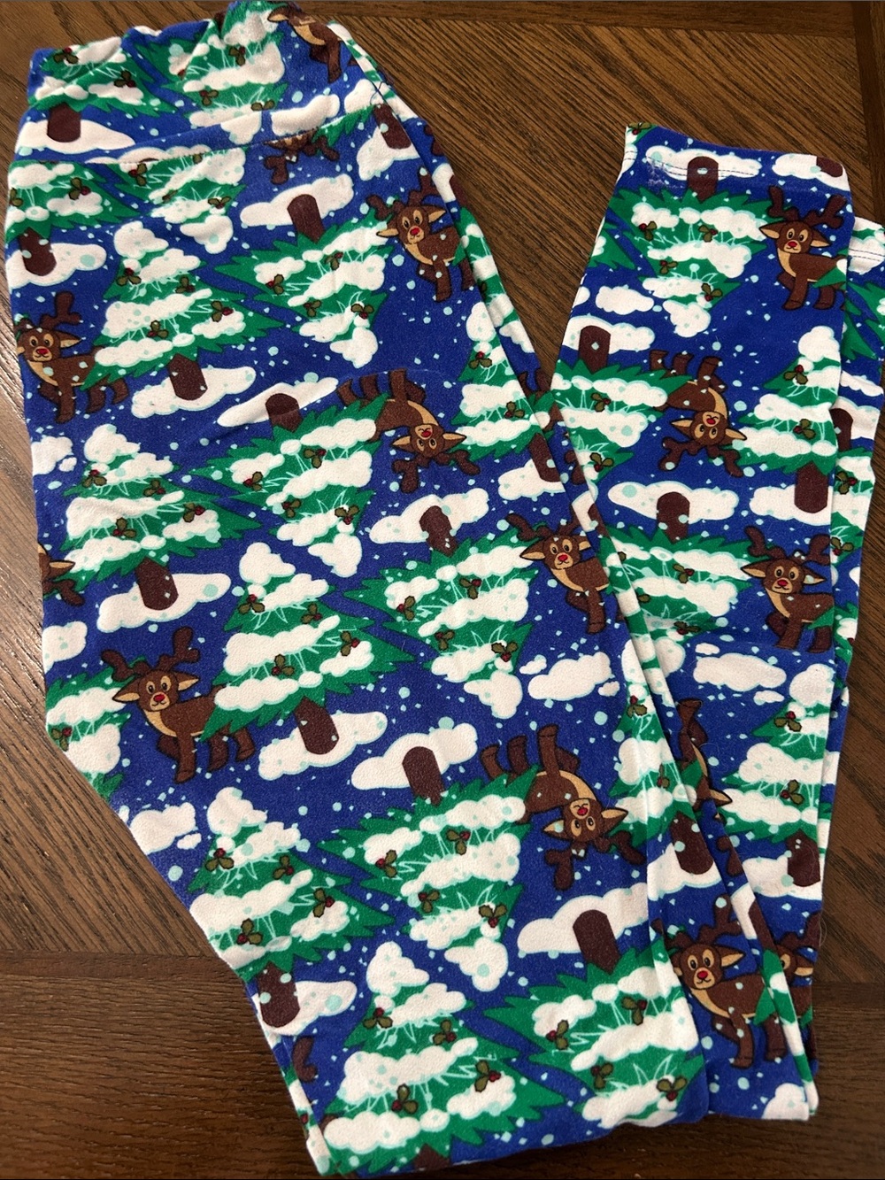 LuLaRoe Blue Holiday Reindeer & Snow Tree Leggings